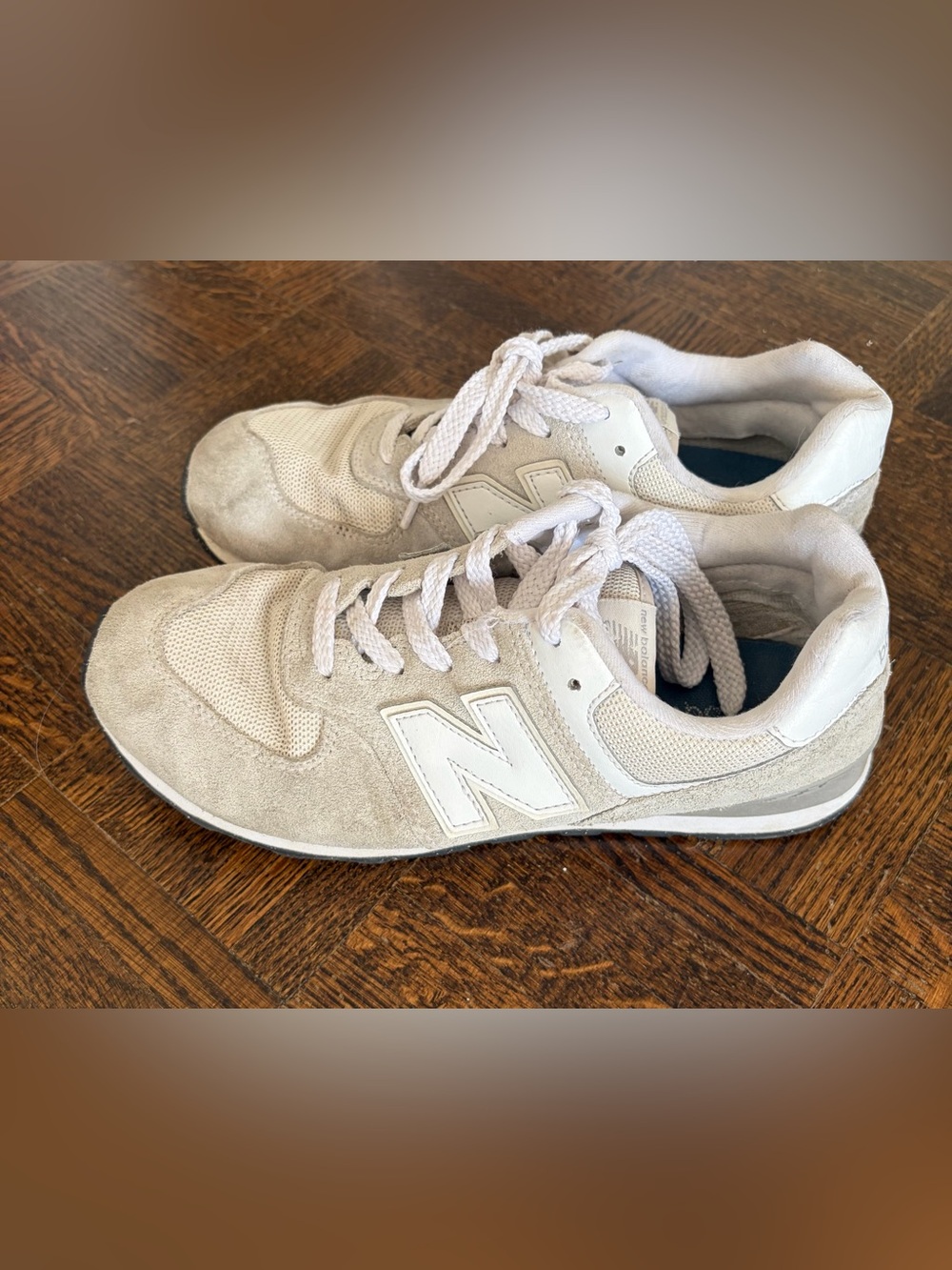 New Balance Kids Beige and White Suede Mesh Sneakers